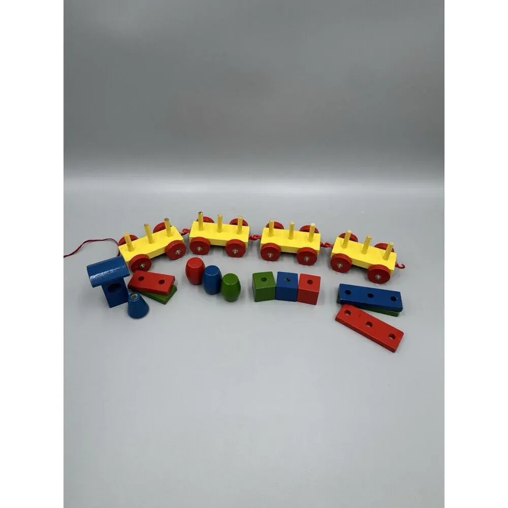 Childrens Wooden Pull Toy Train 4 Cars Primary Colors